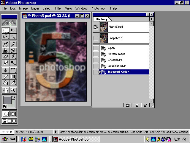 Adobe Photoshop 5.0 for Windows Workspace and History (1998)